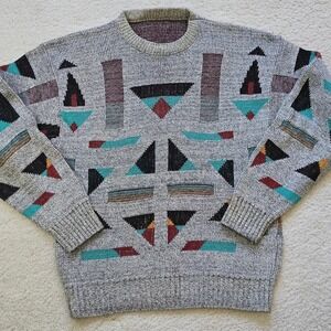 80s Vintage Men's Geometric Sweater Size S Gray Teal Burgundy‎ Knit Pullover